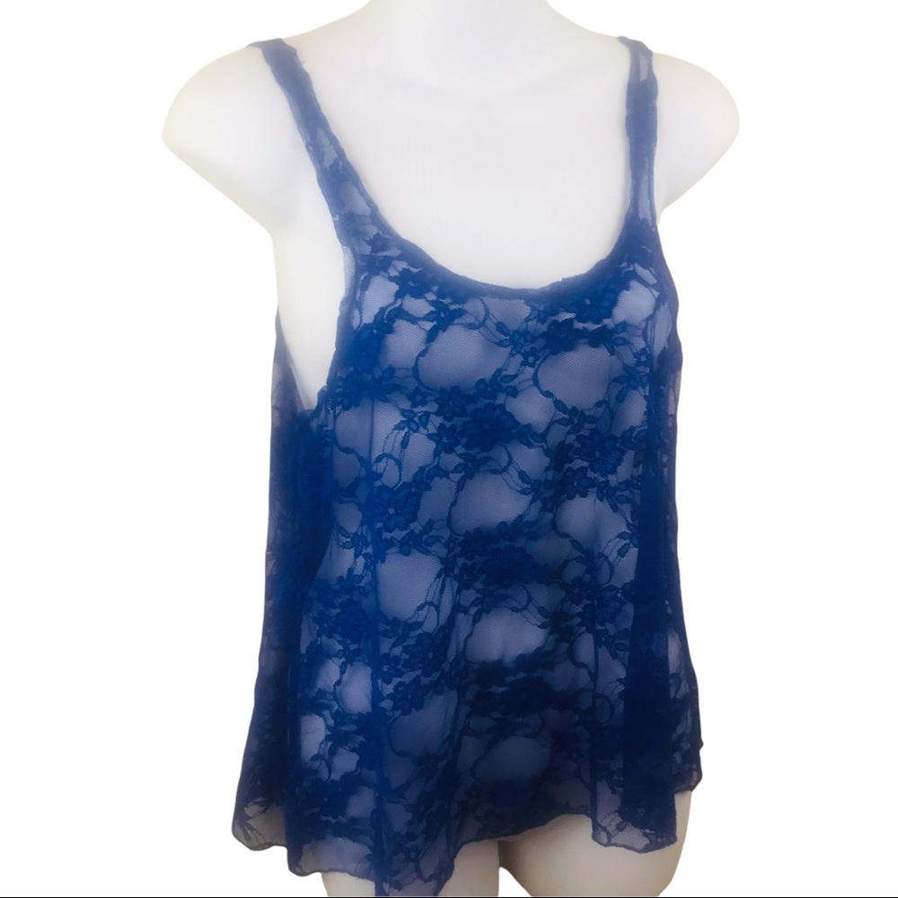 ❤️Floral Lace A-Line Cami Top Sheer Blue Med Scoop